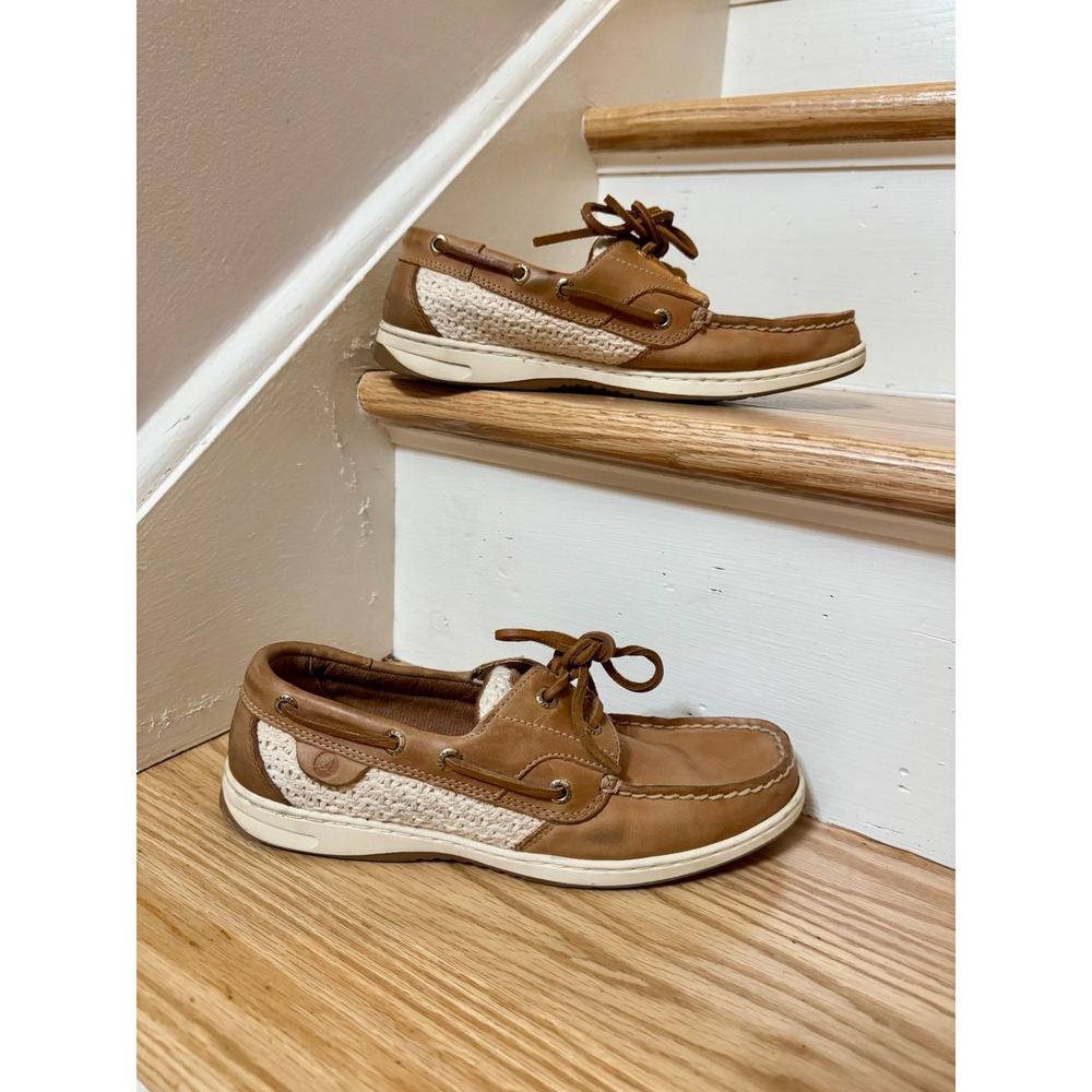 Sperry Angelfish Tan Leather Crochet Boat Shoes Loafers Women's 8